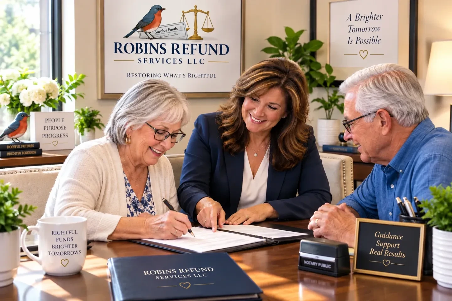 Robins Refund Services team consulting with clients in office